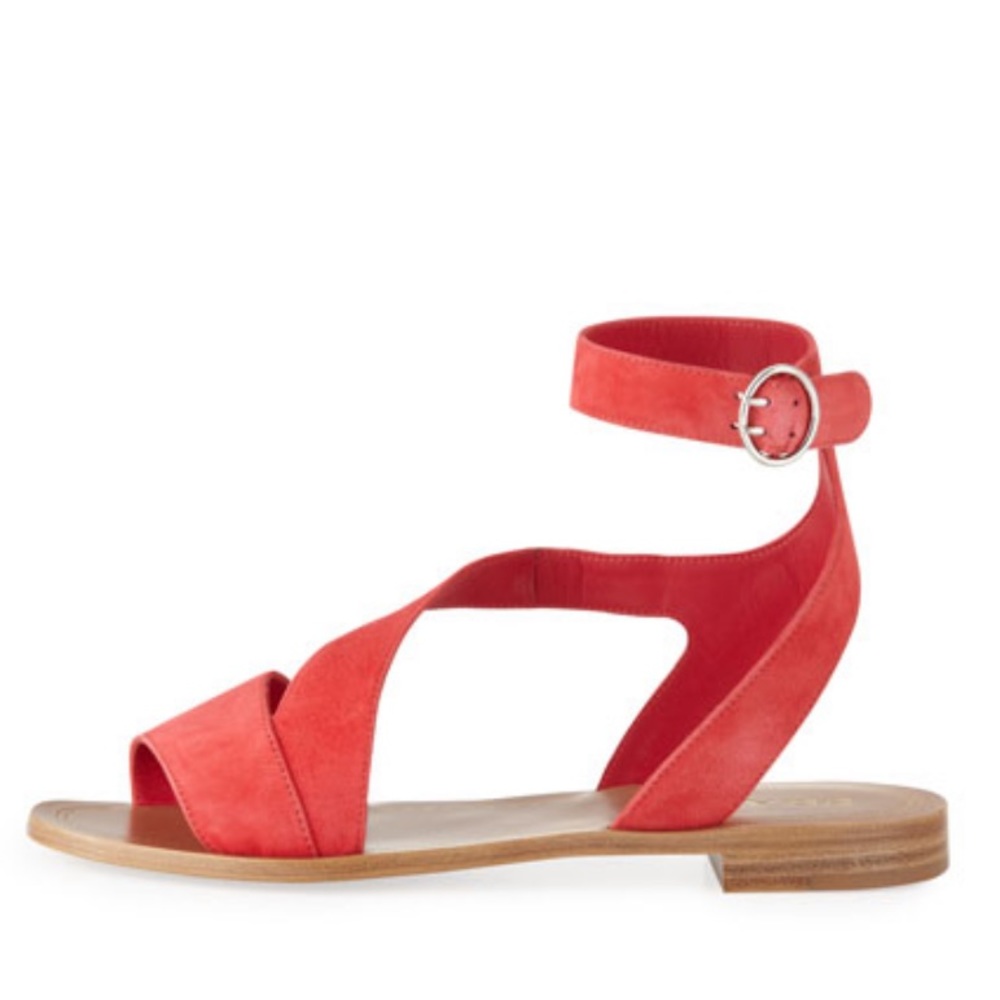 (R) Prada: Red Ankle Strap Sandals.